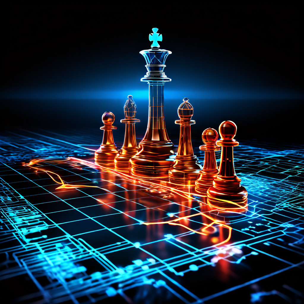 전략적 결정 지점을 향해 흐르는 빛나는 화살표 강처럼 표현된 금융 차트 클로즈업으로, 데이터 분석을 통한 투자 전략 수립과 방향성을 시각적으로 상징합니다.