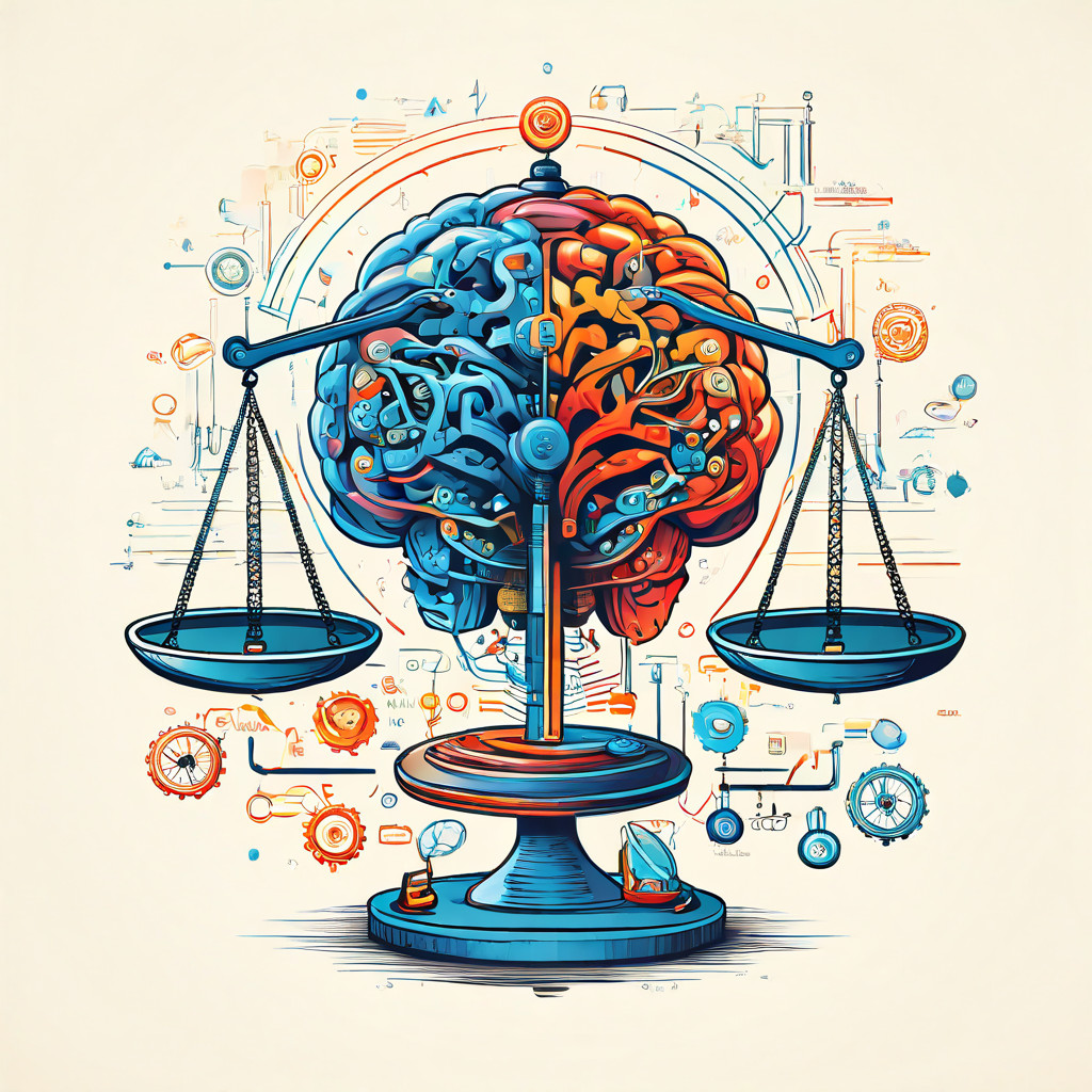 분석적 본질과 조정 메커니즘을 상징하는 뇌와 기어가 저울 위에 올려져 있으며, 양자 사이로 흐르는 시장 차트가 데이터 기반 의사결정과 전략적 균형을 시각적으로 표현한 이미지입니다.