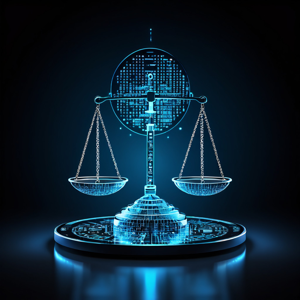 정보 비대칭과 사이버 범죄 수사의 개념을 형상화한 저울 위에 한쪽은 이진 코드, 다른 한쪽은 디지털 증거를 확대하는 돋보기가 올려져 있는 상징적 이미지입니다.