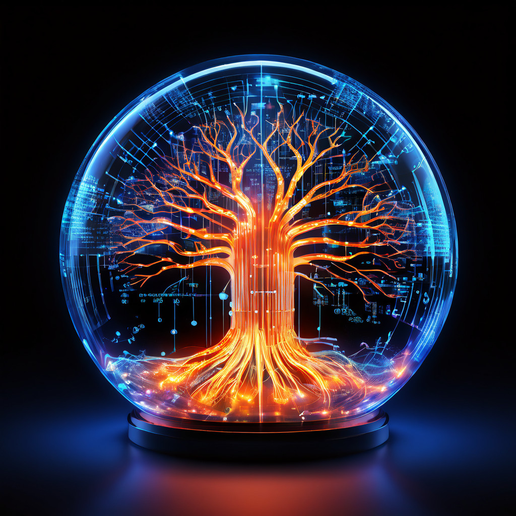 투명 구체 내부에서 유동적인 데이터 스트림을 분석하며 변동하는 숫자와 역동적인 그래프 패턴을 생성하는 빛나는 디지털 두뇌의 개념을 시각화한 이미지입니다.