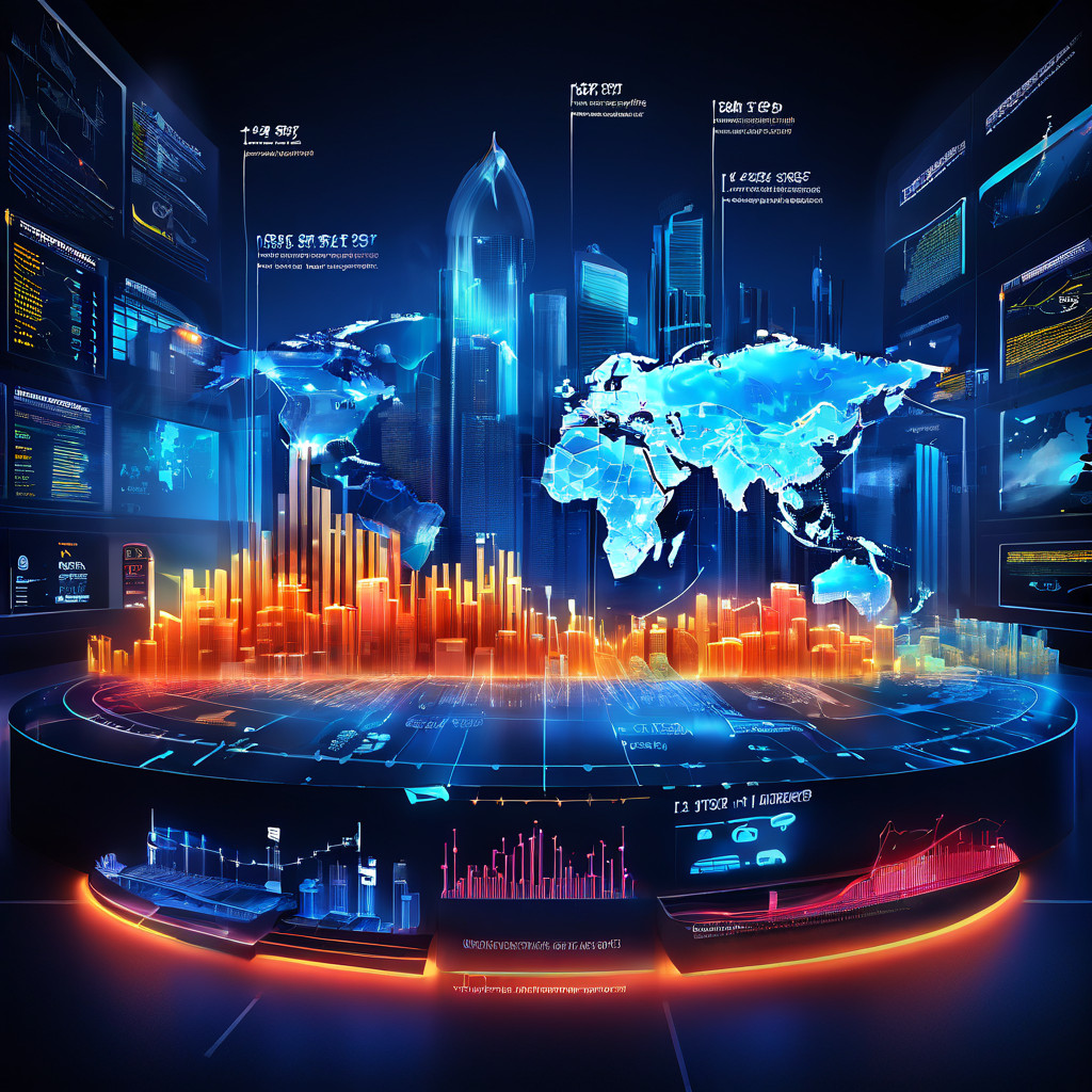 글로벌 금융 흐름과 스포츠 경기장의 경제적 효과를 주요 도시 간 연결선과 상승하는 동적 차트로 시각화한 인포그래픽 세계 지도 이미지입니다.
