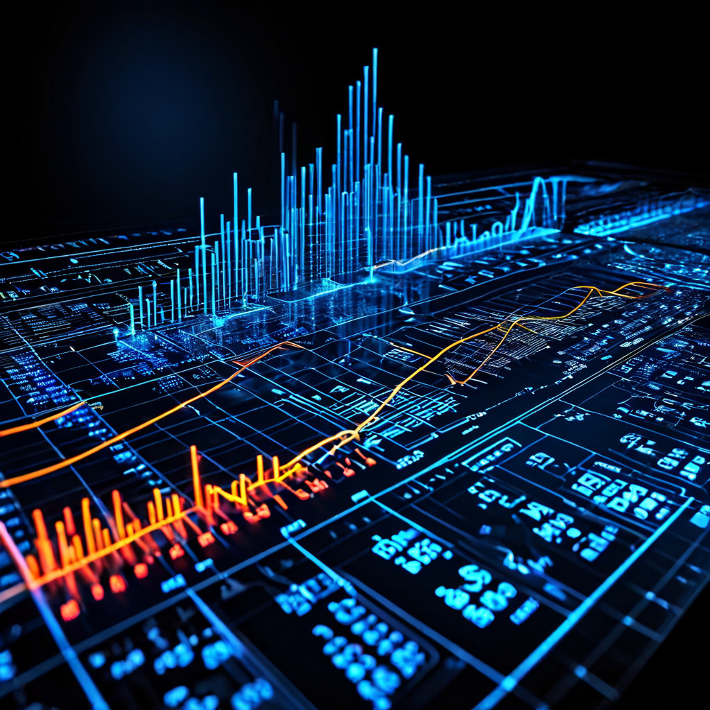 복잡한 금융 시장에서 다양한 변수들이 다이얼과 슬라이더로 표시되어 있으며, 이들이 모두 중심의 극심한 등락을 보이는 그래프 선에 영향을 주고 있음을 설명하는 이미지입니다.