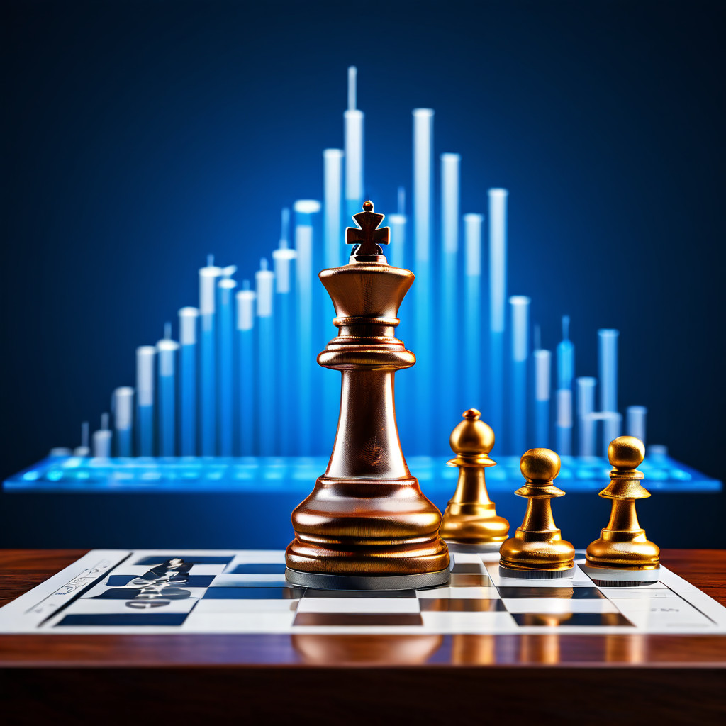 전략적 우위를 바탕으로 수익 분배 모델을 상징하는 체스 말이 주택 형태의 받침대 위에 서서 금융 차트를 내려다보고 있는 이미지입니다.