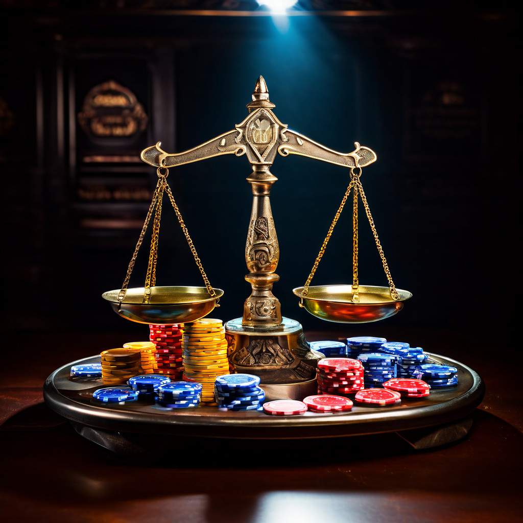 도박과 규제의 균형을 상징적으로 보여주는 저울이 한쪽에는 베팅 칩을, 다른 한쪽에는 규제 방패를 올려놓은 모습을 담은 이미지입니다.