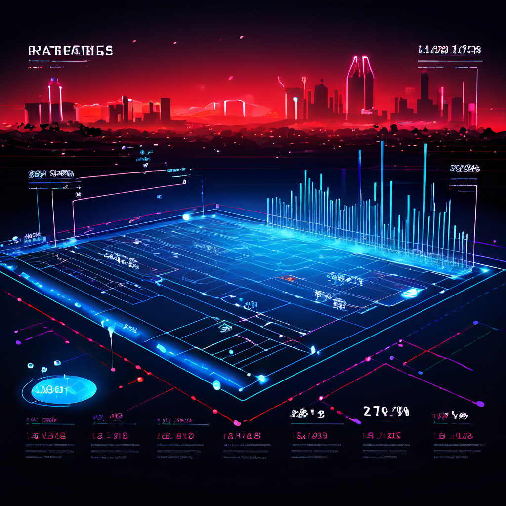 선수들의 포지션과 평균 득점 그래프를 빛나는 데이터 라인으로 연결하여 경기장의 전략적 패턴을 시각화한 개념적 인포그래픽입니다.