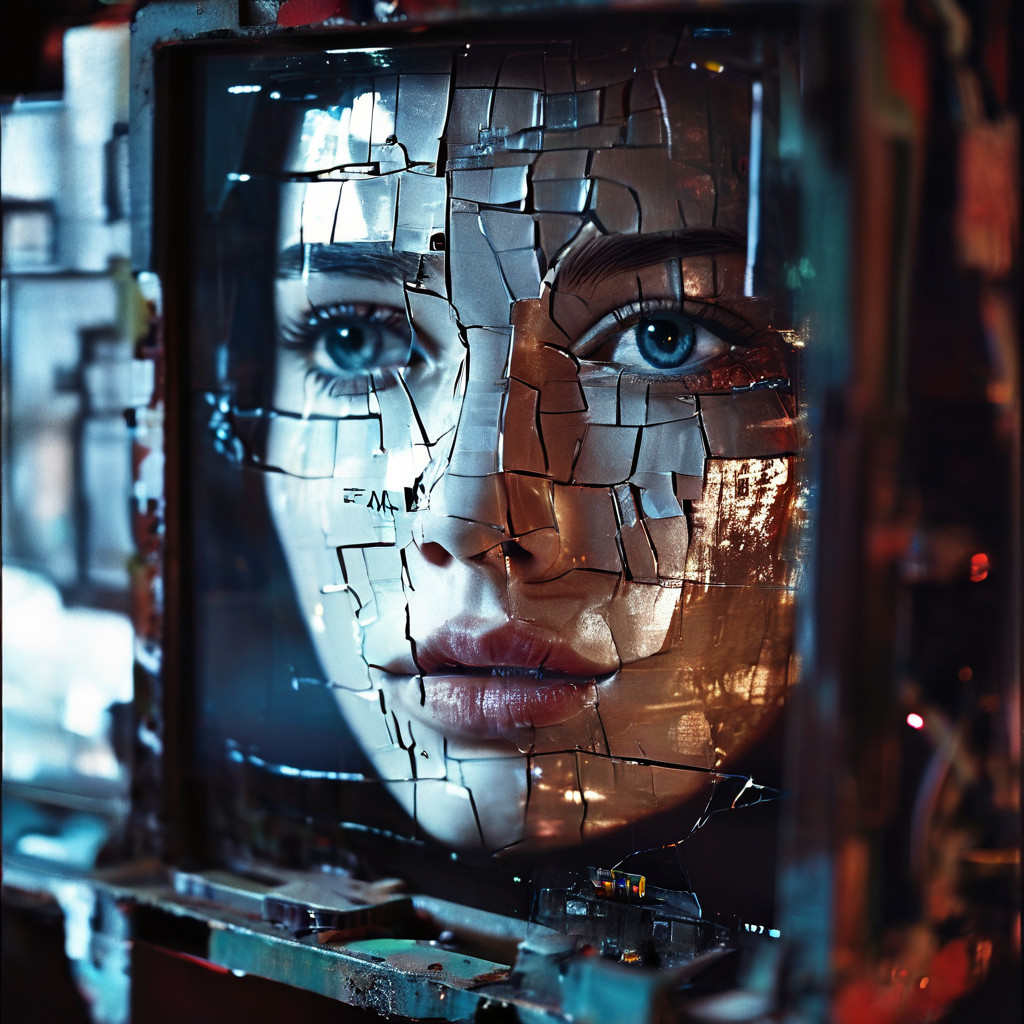 고장 난 복잡한 기계가 화면에 비친 흐릿하고 왜곡된 초상화를 디지털 보정하려 애쓰지만, 기계 본체에는 금이 가고 에러 메시지가 표시되어 있습니다.