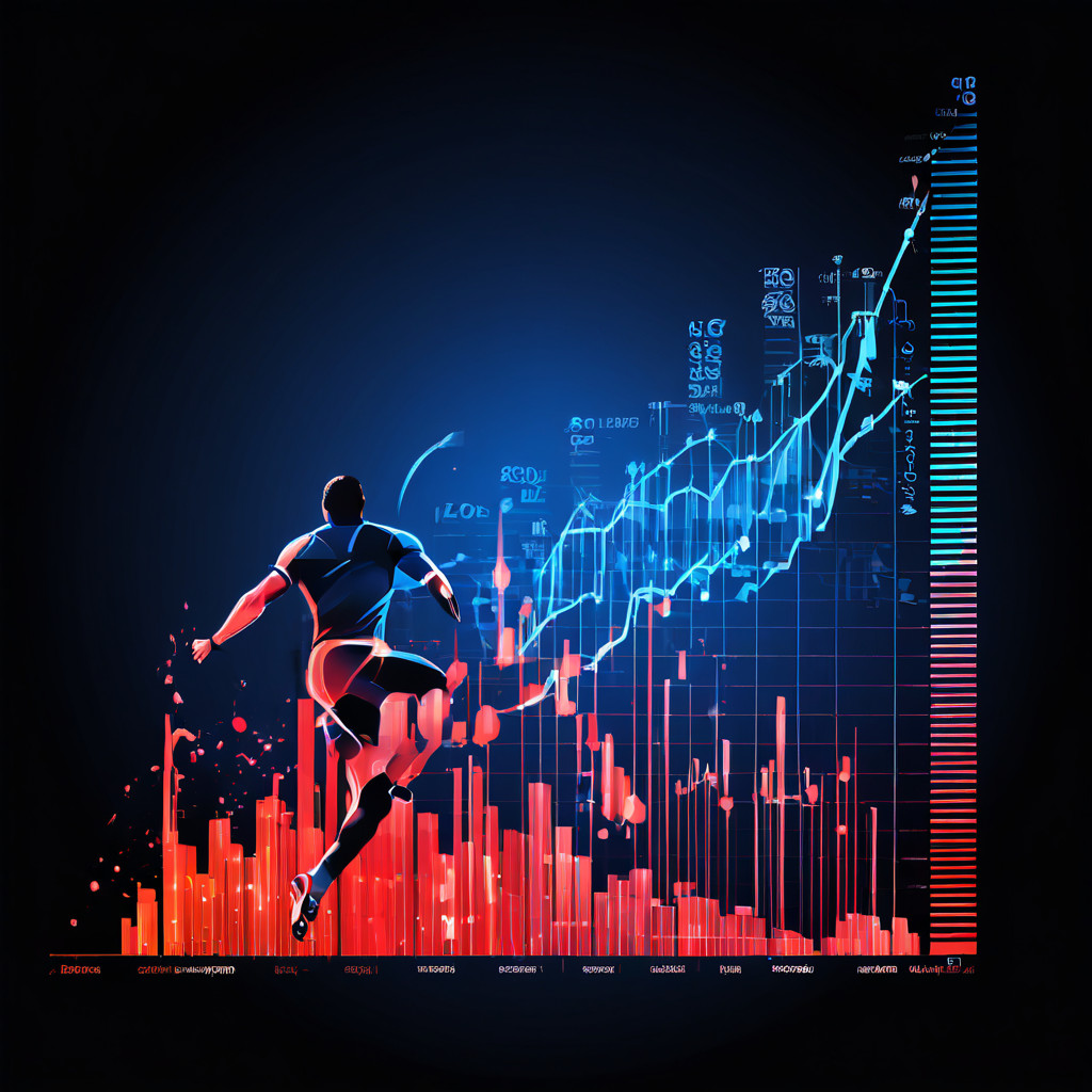 스포츠 산업의 구조적 변화를 상징하며 상승 곡선을 그리는 시장 트렌드 그래프 위에 역동적인 운동 선수 실루엣과 데이터 스트림이 중첩되어 표현된 이미지입니다.