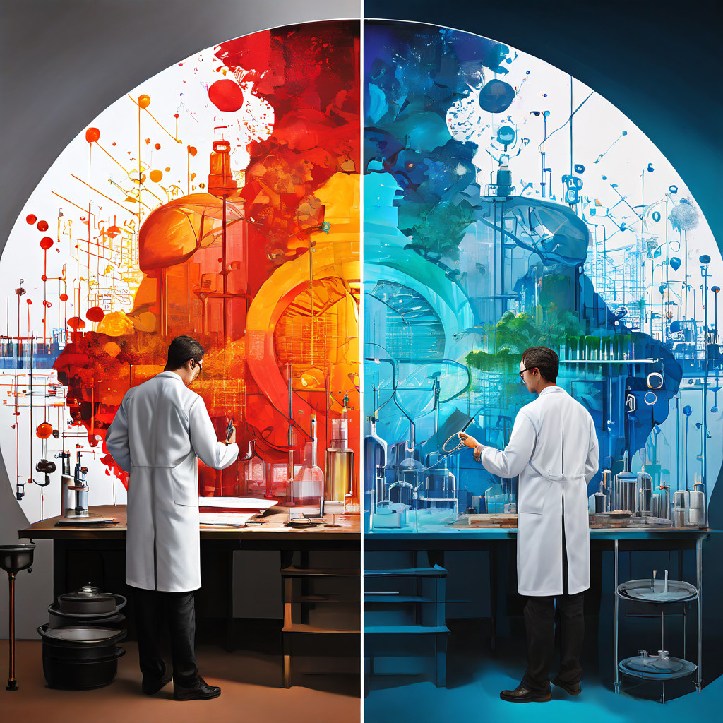 과학자의 정밀한 실험 데이터와 예술가의 직관적 그림 제작을 저울로 비교하며 이성과 감성의 조화를 상징하는 3번째 이미지입니다.