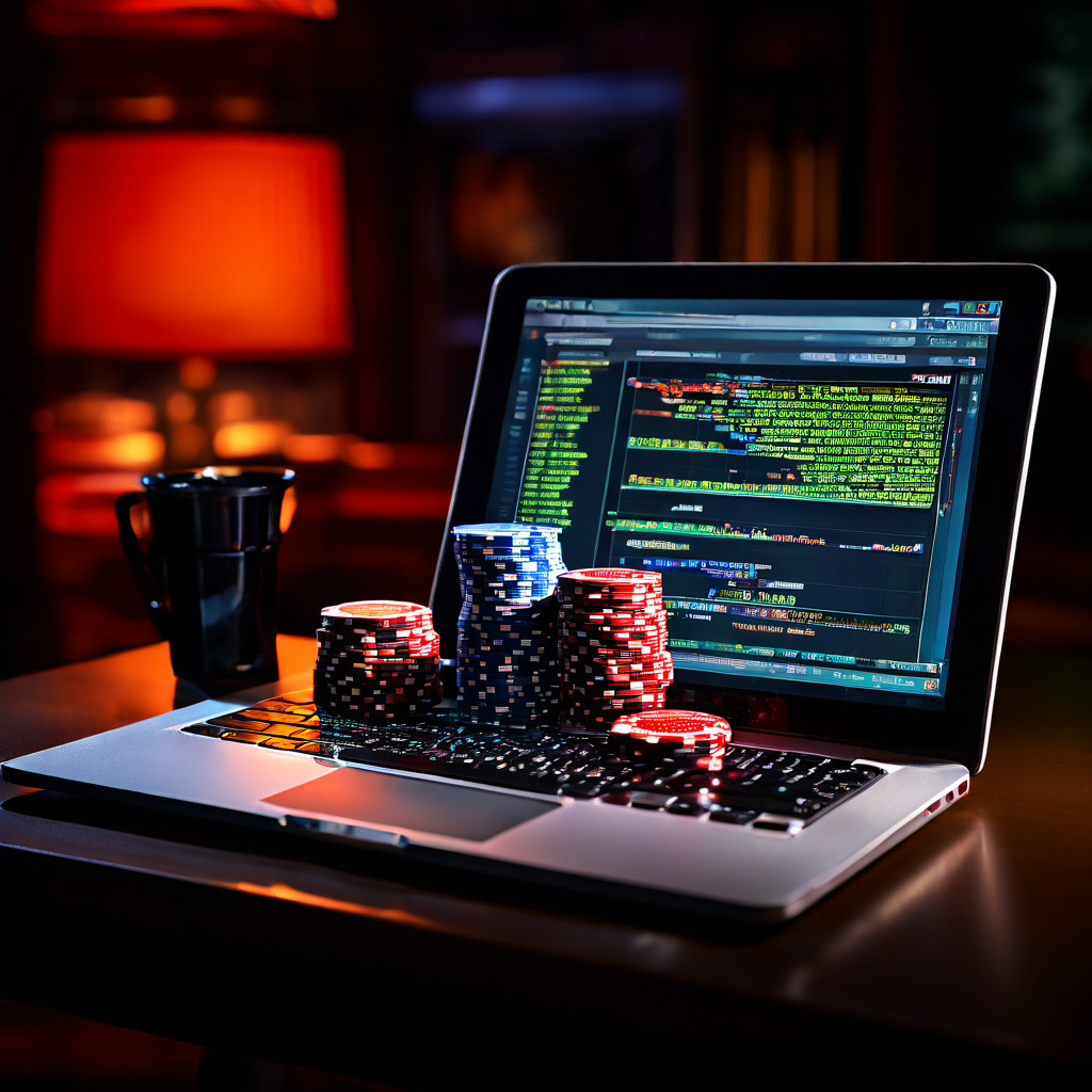 A computer monitor displaying a blurred green security dashboard sits on a wooden desk next to a coffee cup and notepad, with a pe