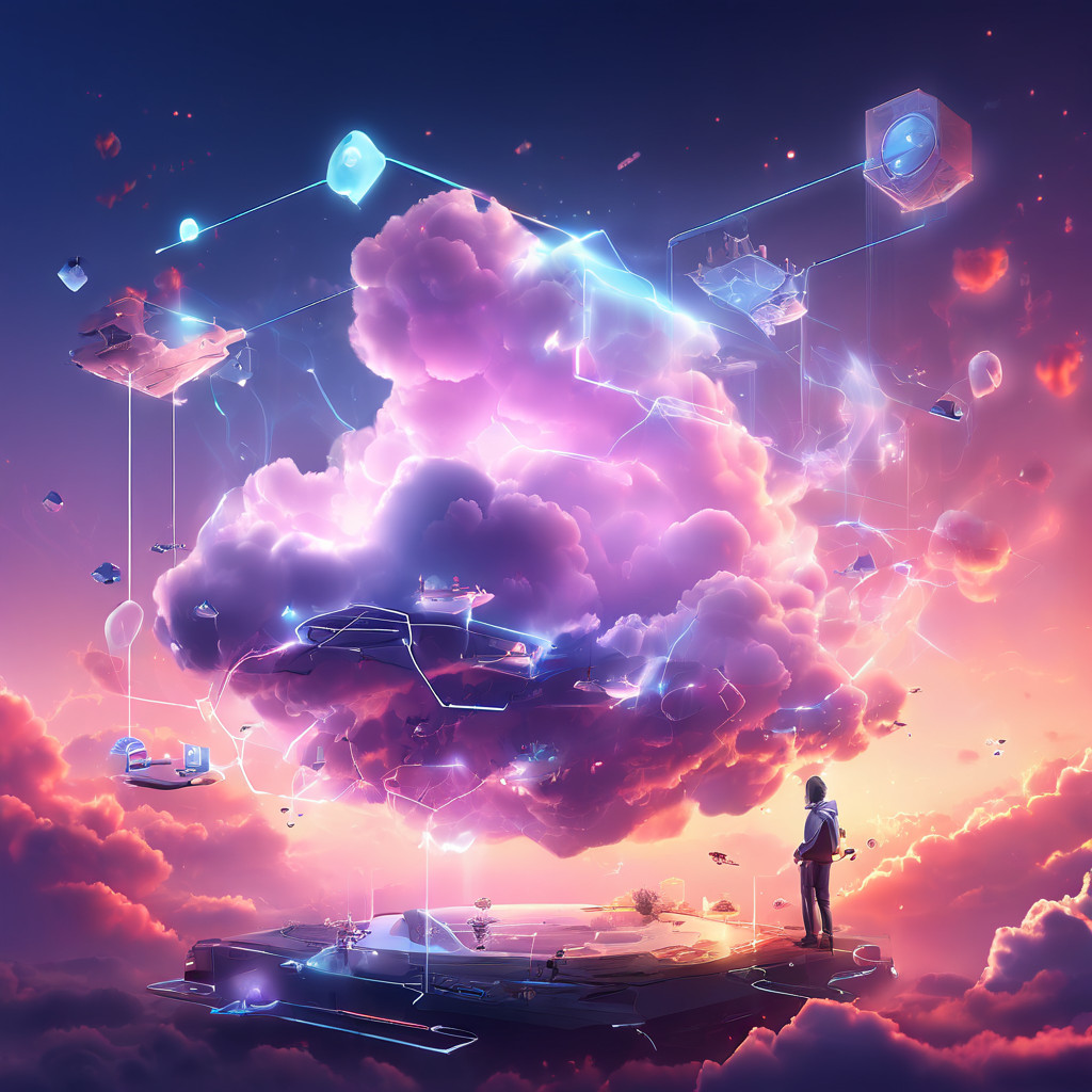 Abstract cloud layers connected by secure data streams representing scatter behavior tracking in an online service environment.