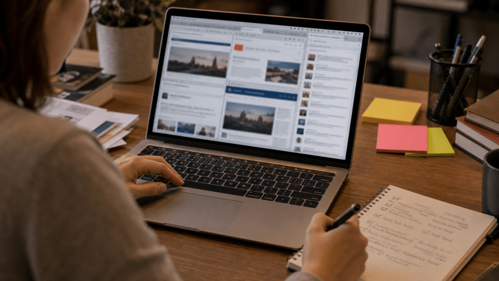A person checking article sources and publication dates on a laptop before trusting an overseas news headline.