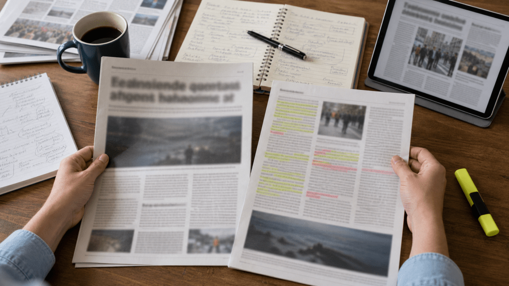 Printed articles, notes, and highlighted paragraphs used to compare a dramatic headline with the article body and conclusion.