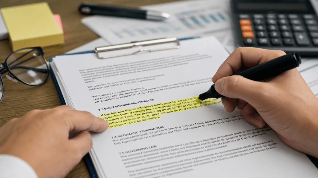 Hands reviewing small-print financial contract terms, representing the need to check early withdrawal penalties and surrender charges.