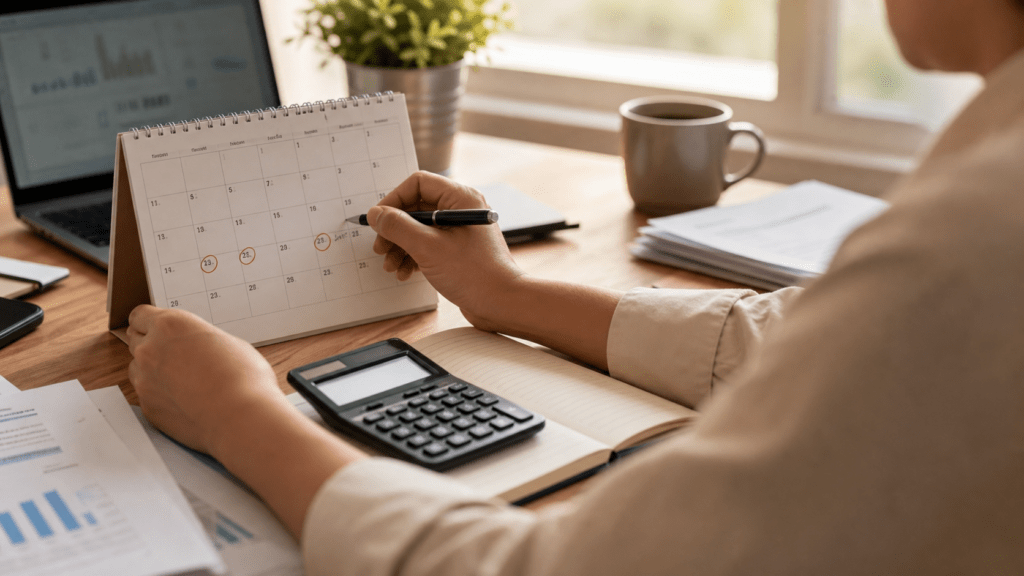 A person reviewing a contribution schedule with a calendar and calculator, representing long-term planning for a compound-interest financial product.